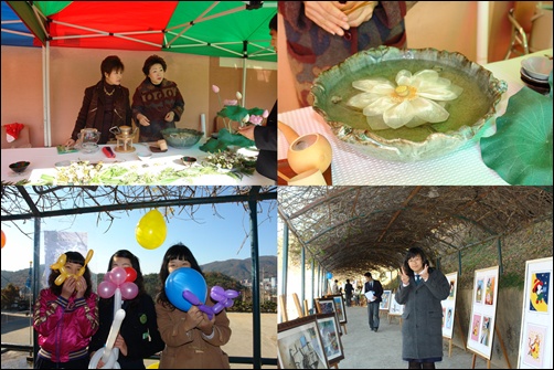 따뜻한 연꽃차를 준비하신 학부모님들(위), 꿈의 시화전과 미술전이 열리고 있는 꿈의 등나무 길(아래). 